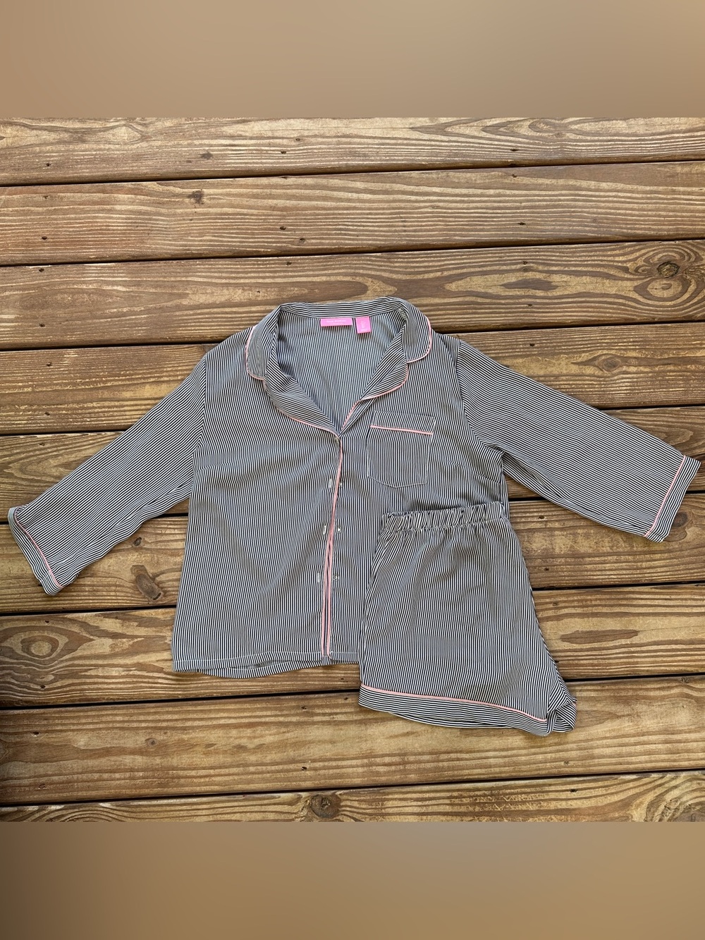 Isaac Mizrahi Sleepwear Striped Pajama Set Pink Trim Button Up Top & Shorts L